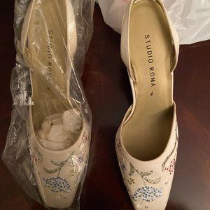 *New* White Silky Slingback Heels with Embroidery